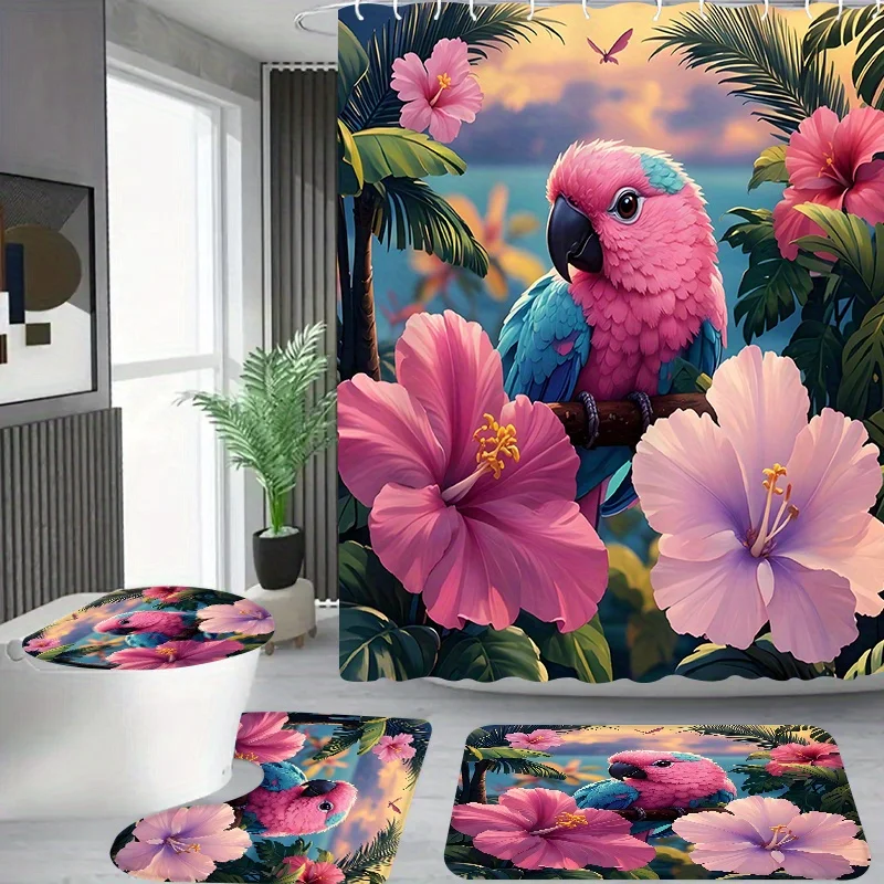 

4 шт. розовые попугаи и цветы с узором, ванная комната квартиры, занавеска для душа в душевой комнате, набор занавесок для душа в отеле, с