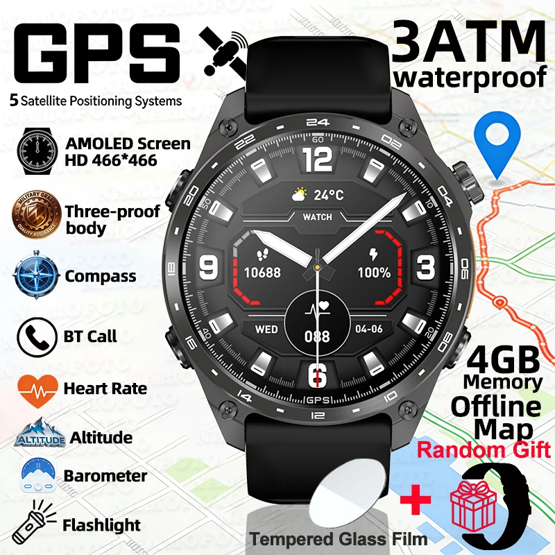 

Смарт-часы с GPS, 4 ГБ памяти, AMOLED-дисплеем, защитой от падений, компасом, мощным фонариком, измерением пульса, Bluetooth-звонками для мужчин, для активного отдыха и спорта