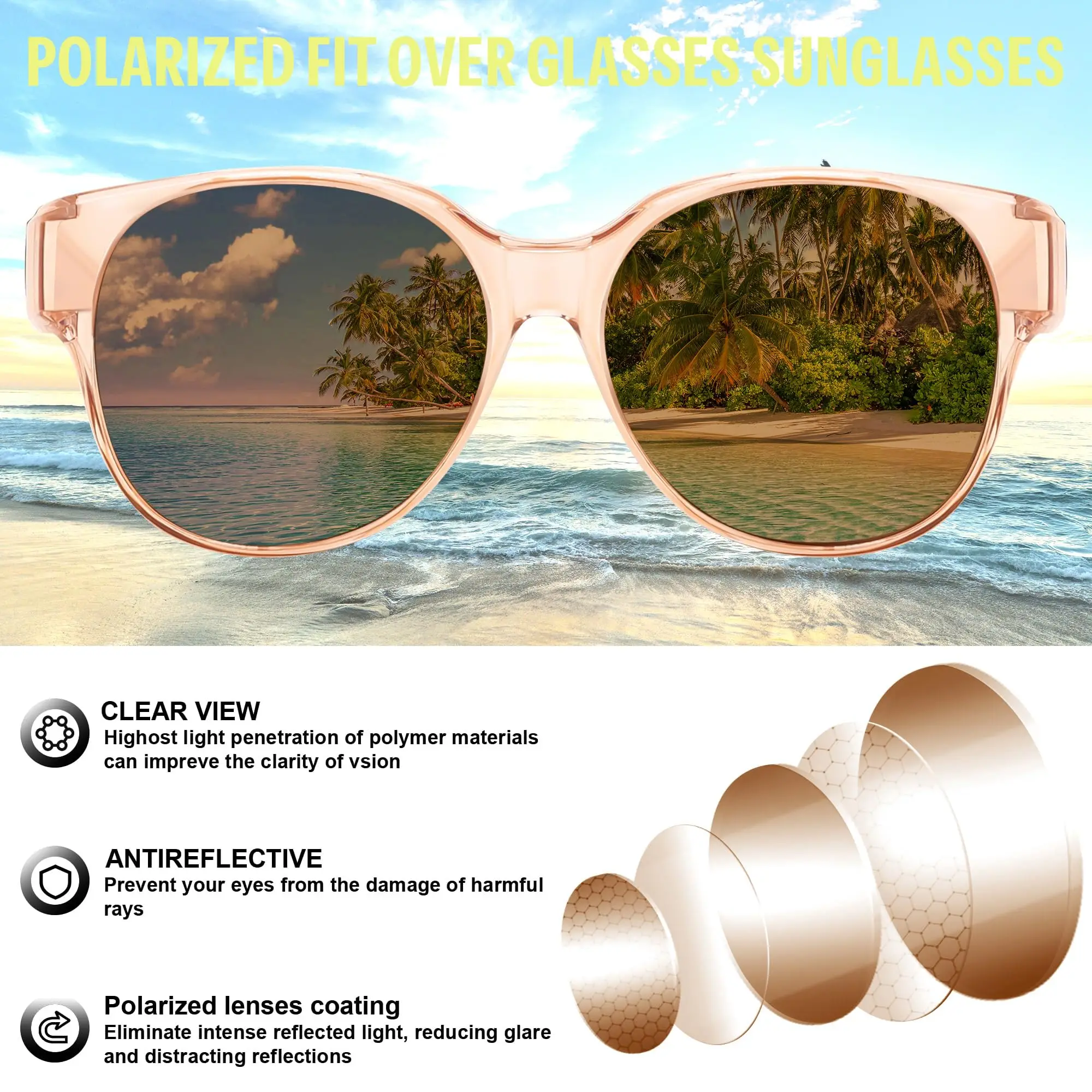 Überbrille-Sonnenbrille für Damen Trendige Eckige Wrap-Around-Brille UV-Schutz 1 Stück – Detail 3