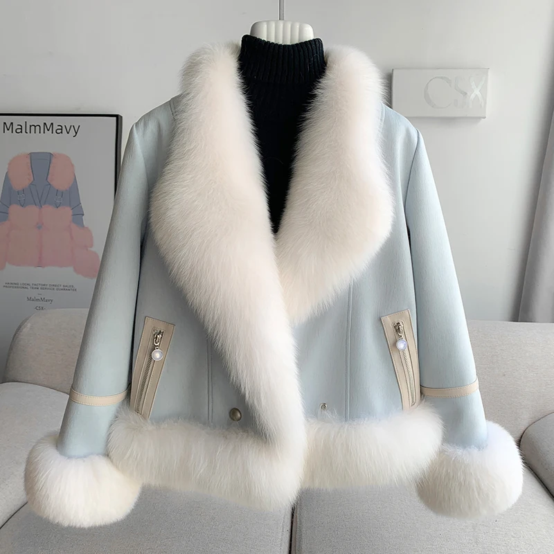 Aorice New Design Faux Suede Fabric Winter Coat Duck Down Liner With Real Fox Fur Women Jacket CT321