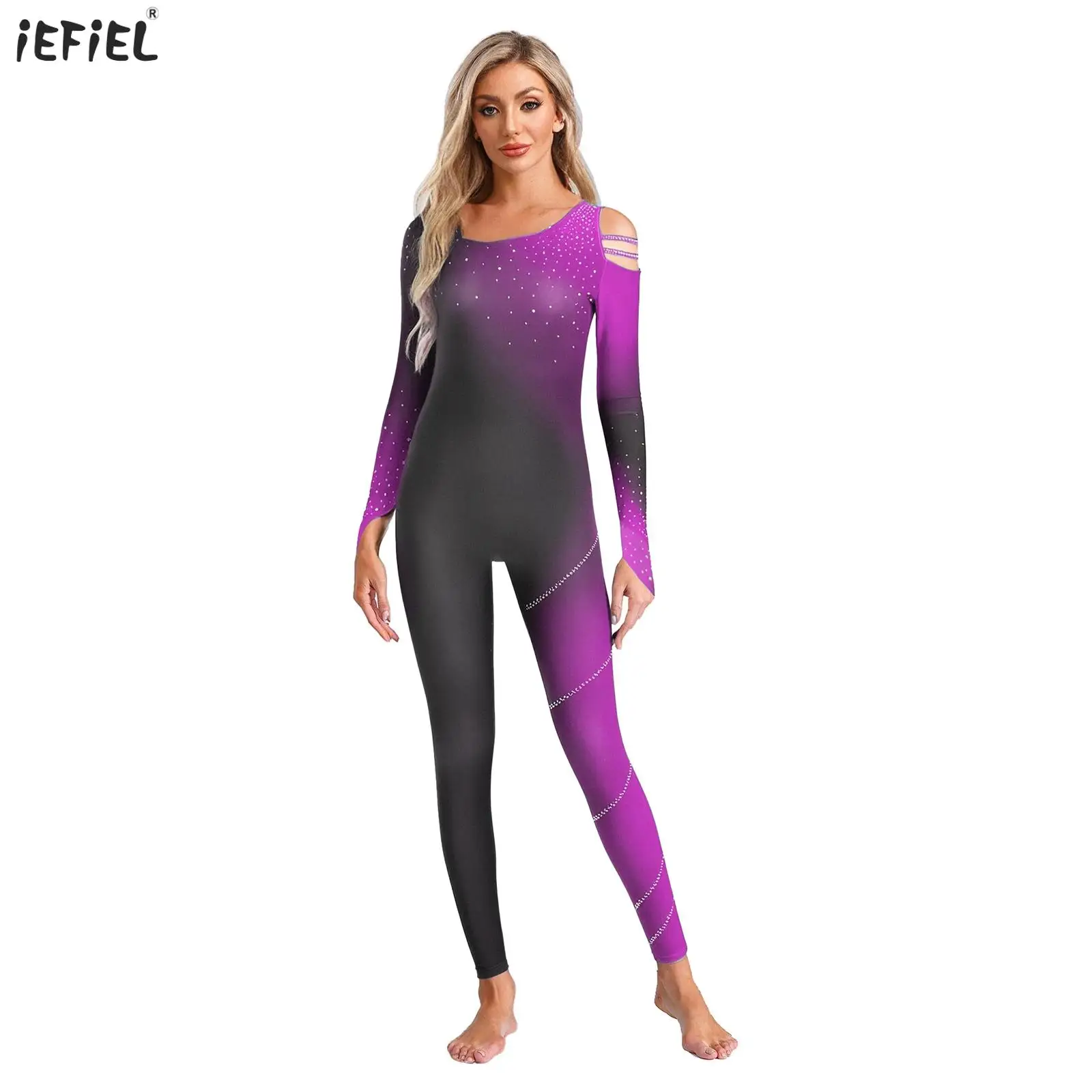 

Women's Gradient Color Block Glittery Rhinestone Jumpsuit Bodysuit Gymnastics Figure Skating Dance Leotards Performance Unitard
