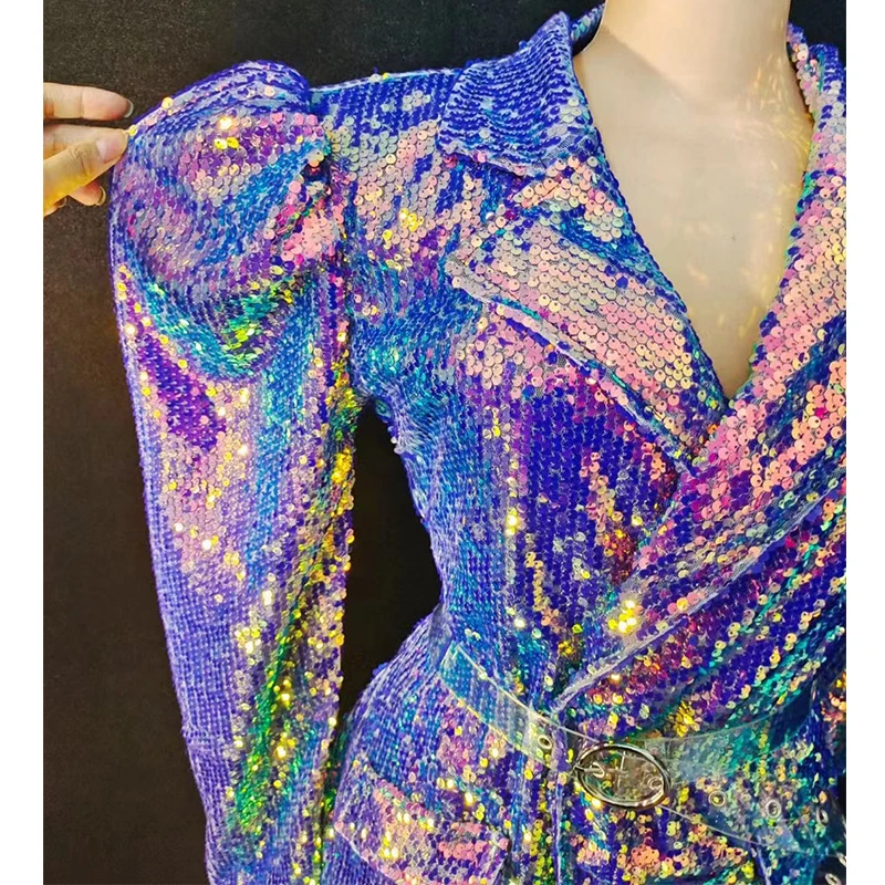 Sänger Tänzer Bühne Kostüm Weibliche Glänzende Lila Pailletten Jacke Nachtclub Gogo Tänzer Outfit Party Rave Festival Kleidung yj035