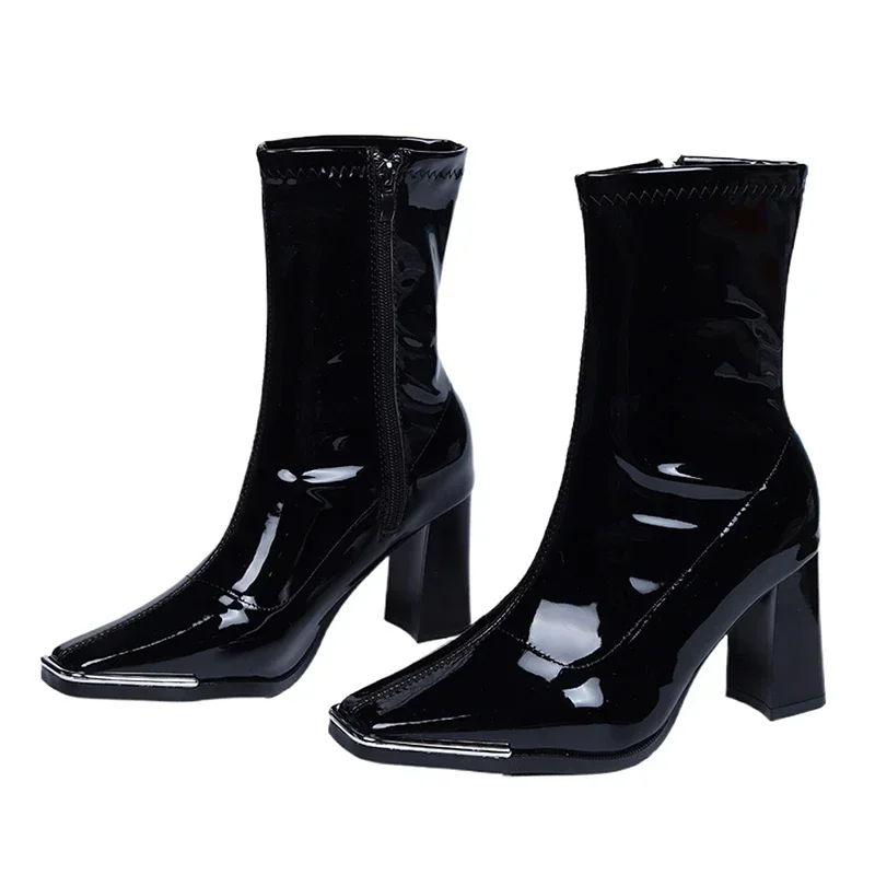 Brand Women Shoes 2023 New Black Patent Leather Fashion Square Toe Women\'s Boots Comfor Thick Heel Ladies High Heel Ankle Boots