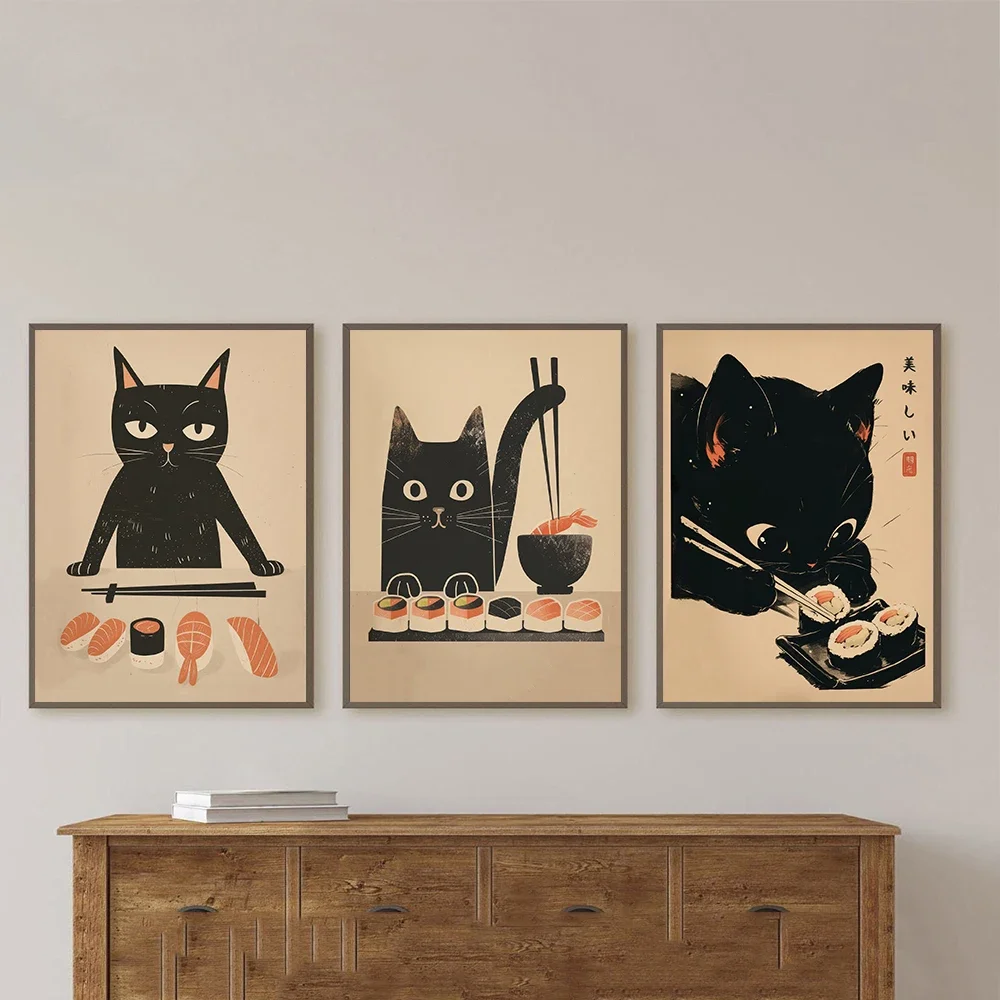 Retro süße Tiere Essen japanische Sushi Chef schwarze Katze Tokio Drucke und Poster Wandkunst Bilder für Zimmer Küche Bar Home Decor