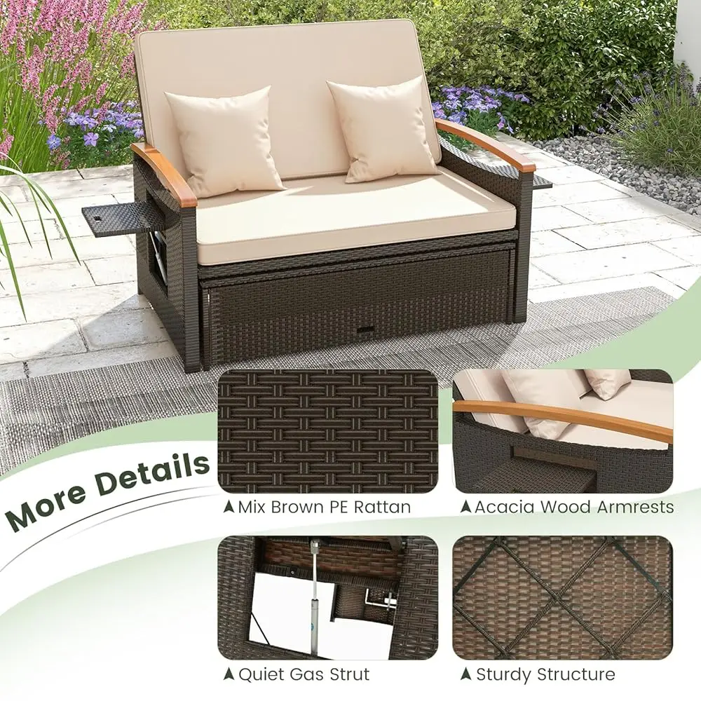Patio Rattan Daybed Set With Cushioned Loveseat And Storage Ottoman, Outdoor Double Chaise Lounger With 4-Level Adjustable