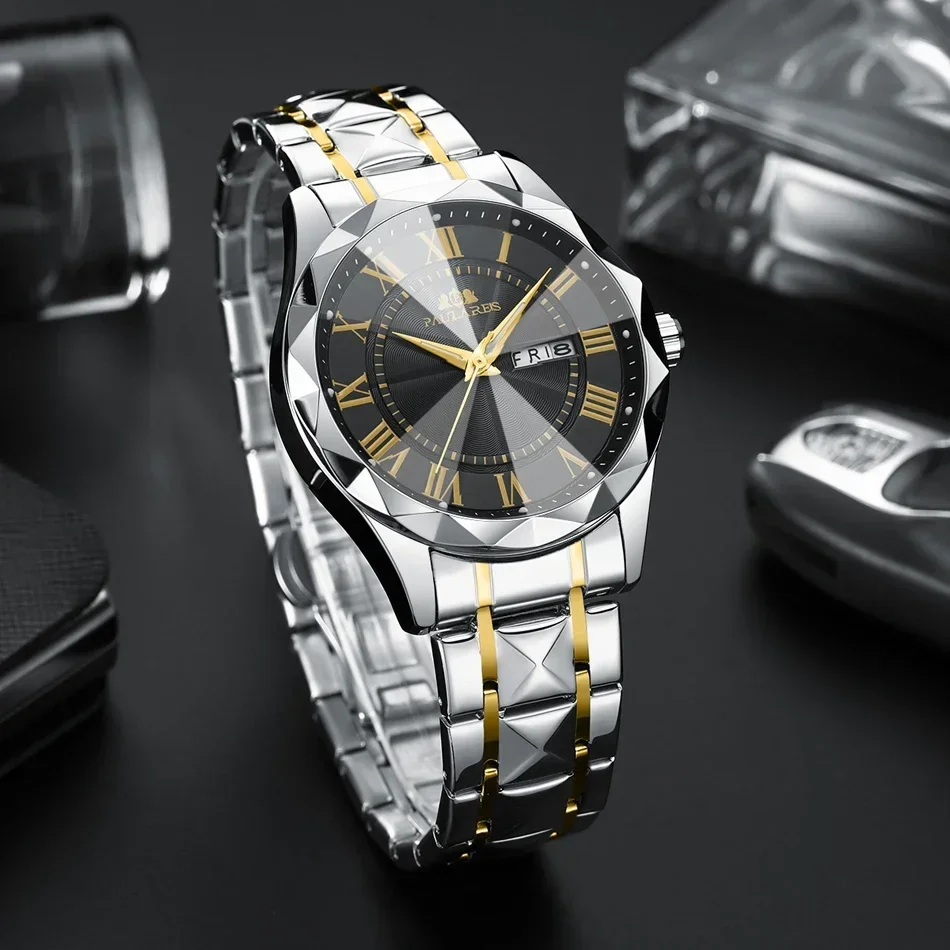 ساعات فاخرة للرجال مضيئة بتقويم مزدوج ذهبي وأزرق وأخضر كوارتز كاجوال على شكل ألماس من الفولاذ المقاوم للصدأ