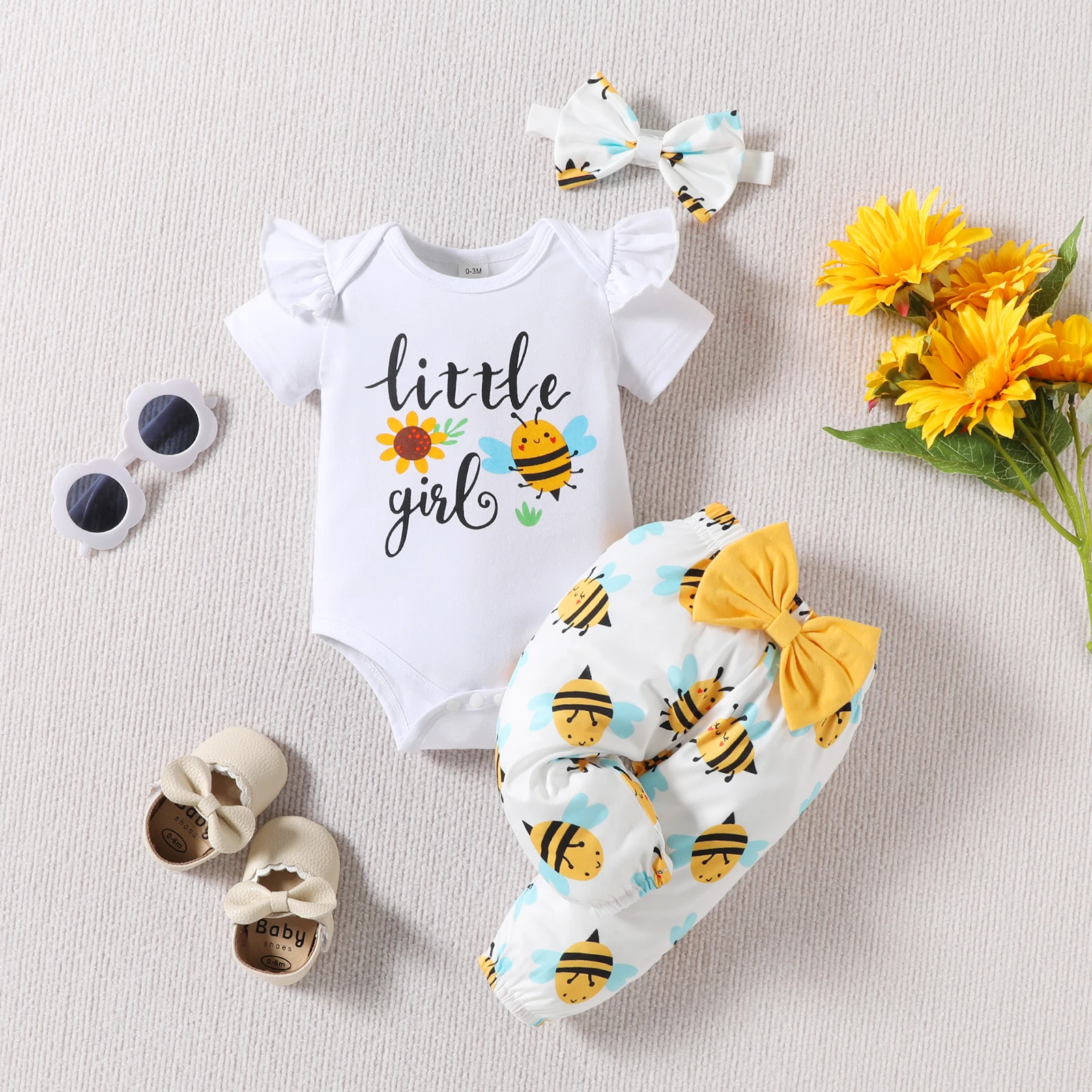 3PCS Summer Baby Girl Set Fashion Sunflower Print Onesie Short Sleeve Top Bow Shorts Headband Newborn Casual Cute Bodysuit