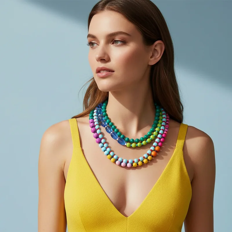 The new design sense stacks multiple layers of gradual change color waterfall necklace retro rainbow bead jewelry