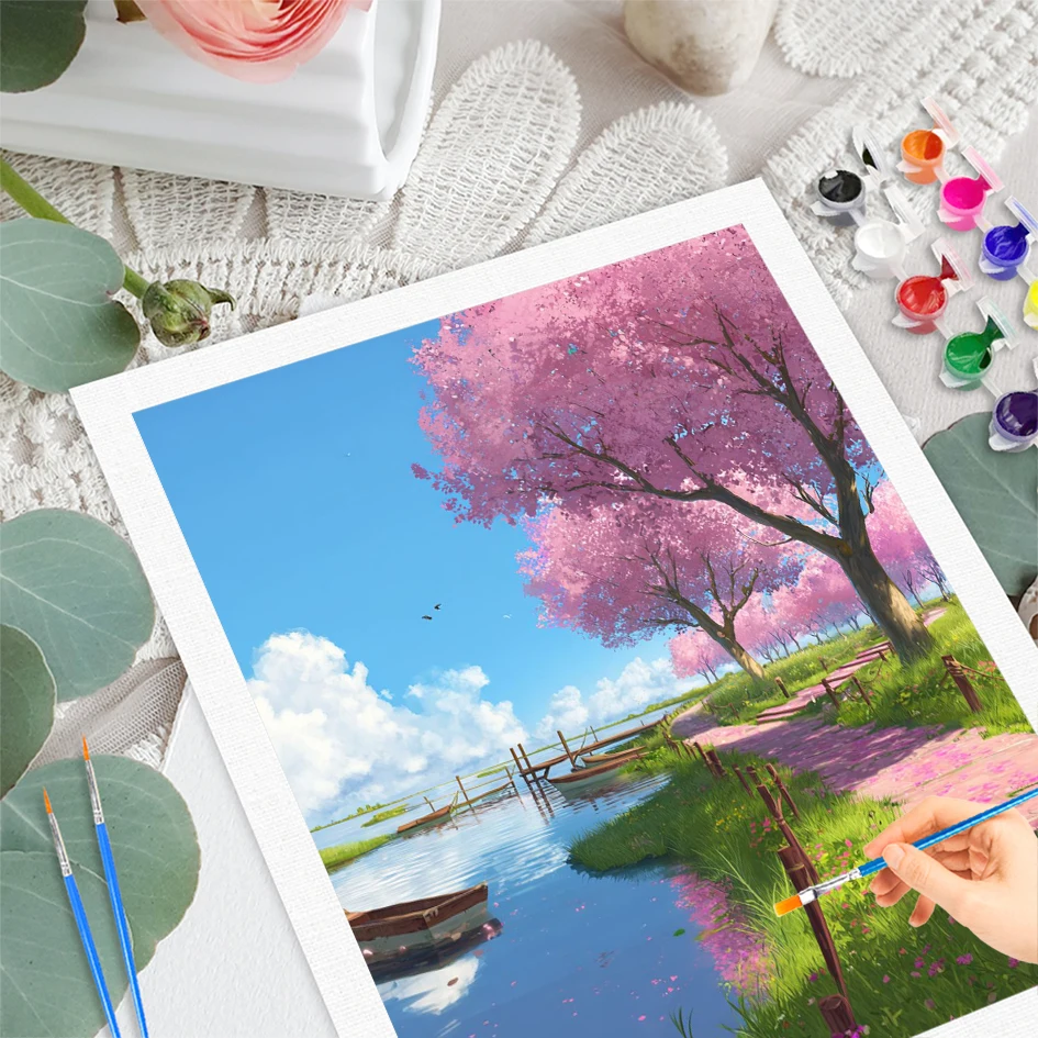 RUOPOTY Painting By Numbers Gift Spring Peach Blossoms Pictures By Numbers Flower Easy Acrylic on Canvas Handpainted Decorative