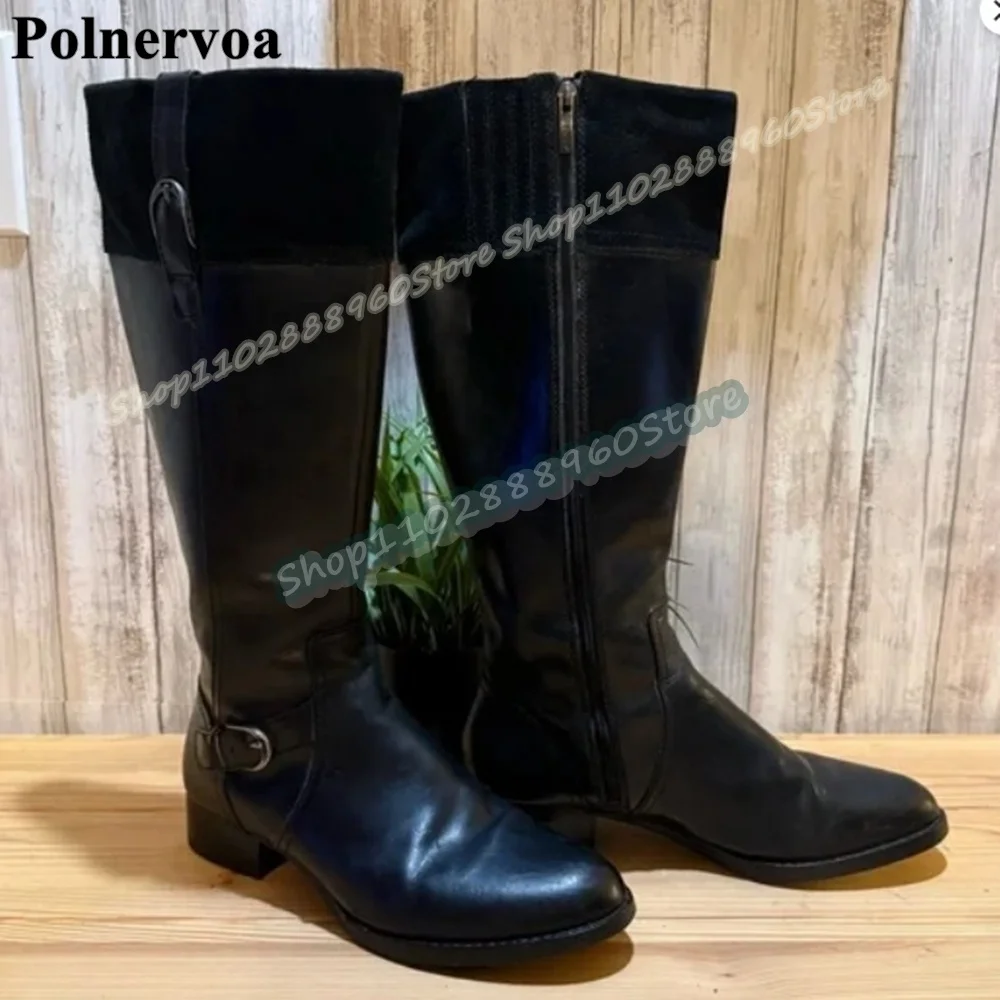 

Knee High Black Leather Suede Buckle Strap Boots Flats Shoes For Women Side Zipper Round Toe Casual Fashion Zapatos Para Mujer