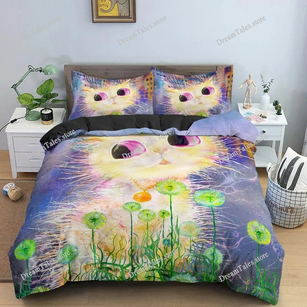 Bedding Set Watercolor Cartoon Cat Boys Girls Twin Queen Size Duvet Cover Pillowcase Bed Boys Adult Home Textileextile 2