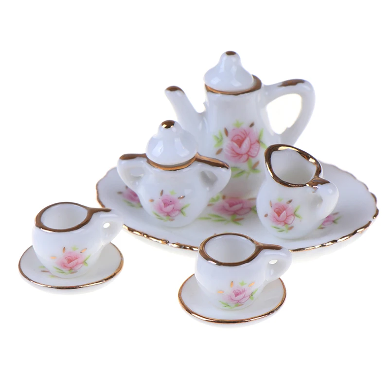 8Pcs 1/12 Dollhouse Miniature Dining Ware Porcelain Tea Set Dish Cups