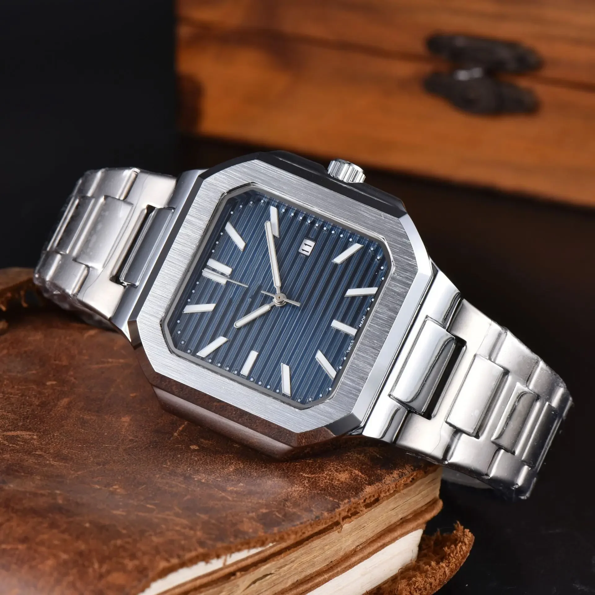Sports Stainless Steel Quartz Watch Square Steel Case Blue Aseptic Watch Automatic Movement NH Fashion Date Gift Men's Watch