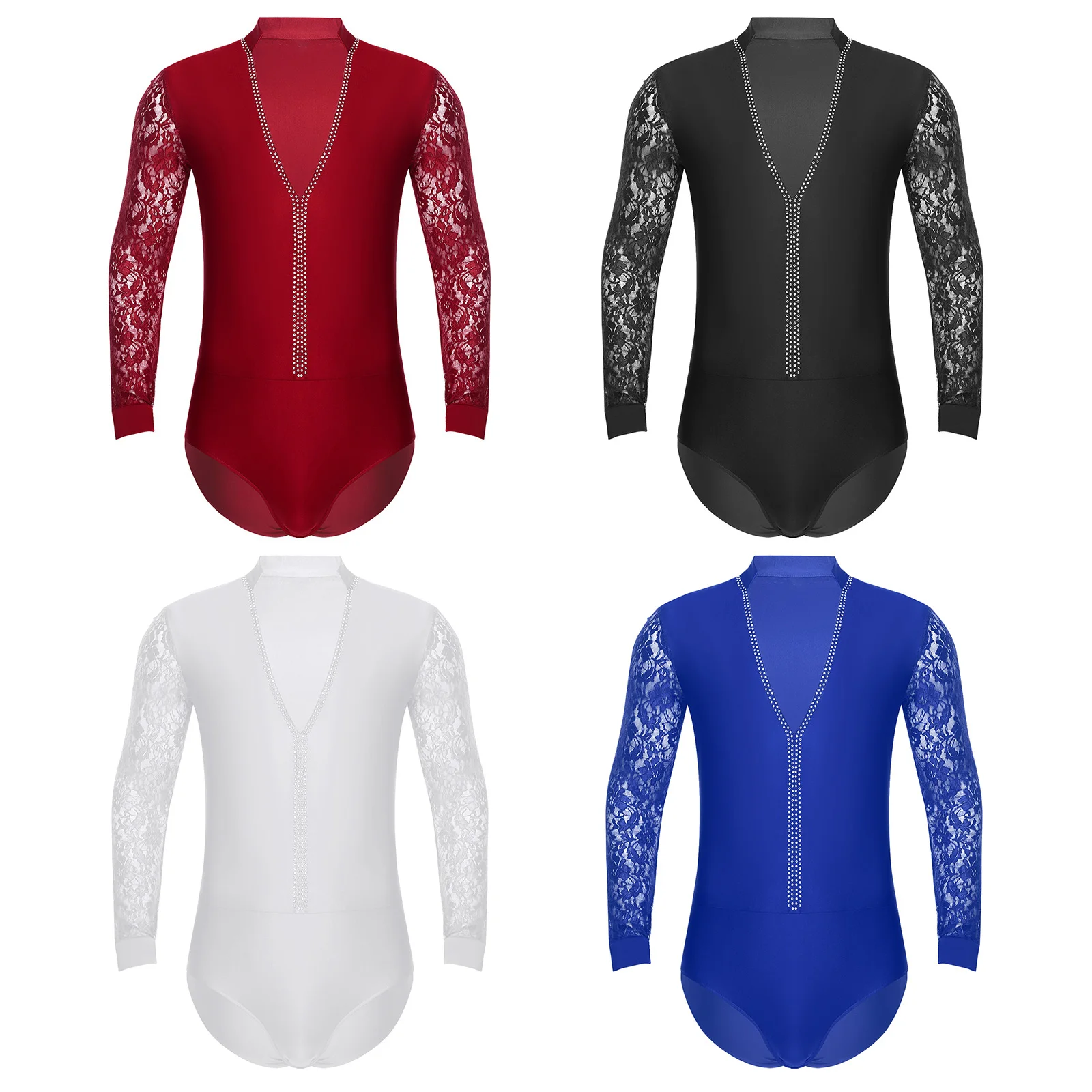 Men Latin Dance Leotard Shirt Floral Lace Deep V-neck Long Sleeve Modern Tango Samba Salsa Ballroom Stage Performance Costume