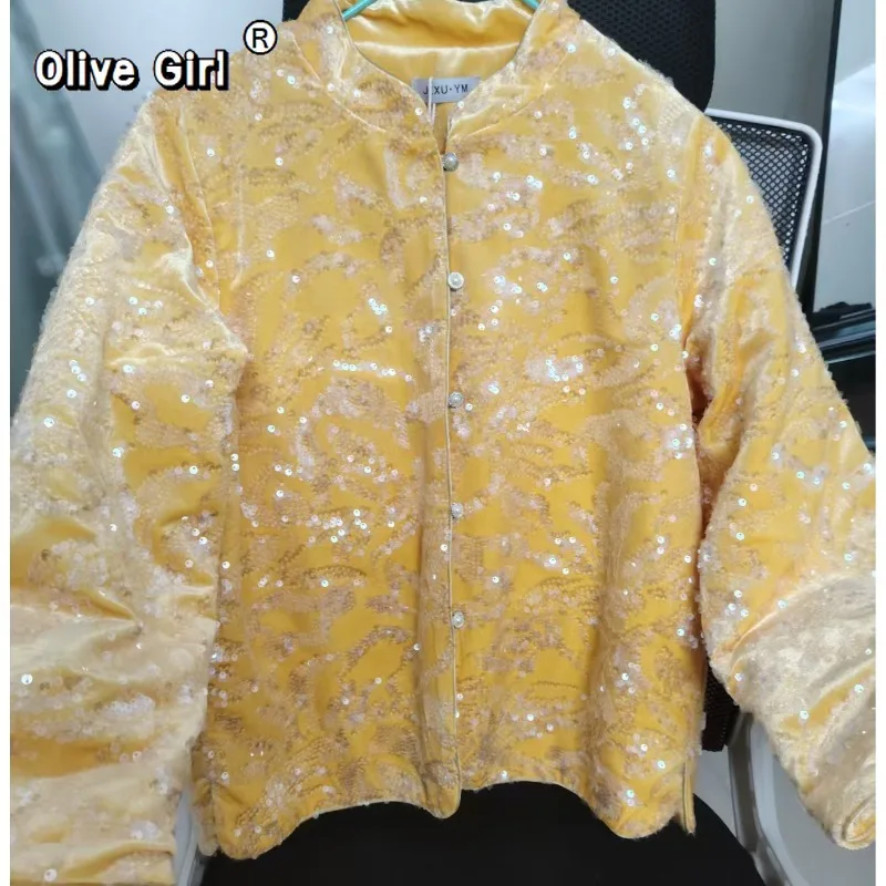 

Luxury Cotton Jacket for Women Coat Winter Clothing Loose Sequin Embroidery Fashion Stand Up Collar Tang Style Top