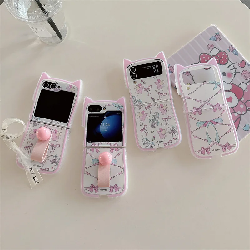 For Samsung Galaxy Z Flip 6 5 4 3 Case ZFlip6 Z Flip6 ZFlip 6 Cute Bow Ring Cat Ears Shockproof Cover