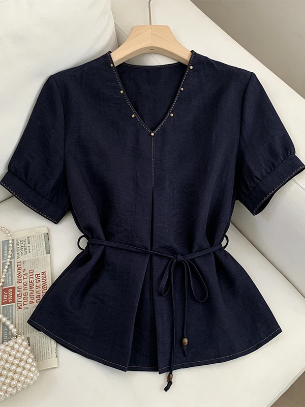 

plus Size Summer New Young Women's Shirt Color Block Denim Design Waist Cinching Slimming Effect Korean Style Breathable Skin...