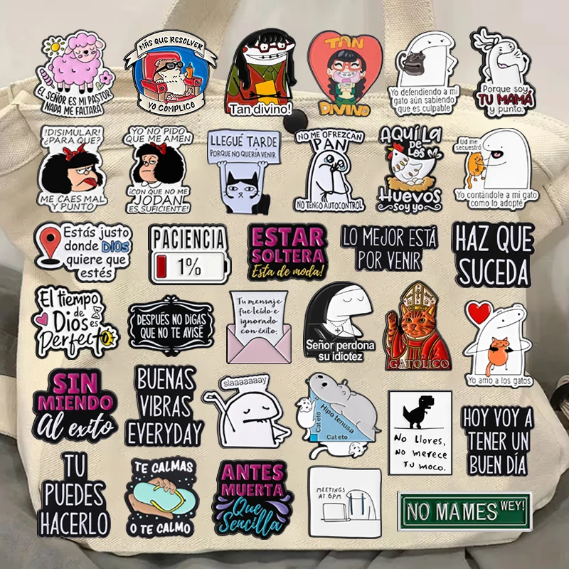 31Styles Spanish Quote Collection Enamel Pins El Tiempo De Dios Es Perfecto Funny Figure Flork Brooches Lapel Badge Jewelry Gift