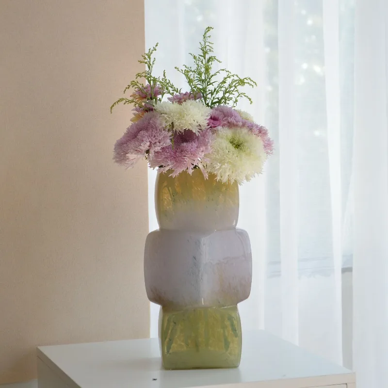 Glass Vases Colorful Square Flower Vase Modern Creative Decorative Vases Living Room Aesthetic Decoration Furniture Accessories