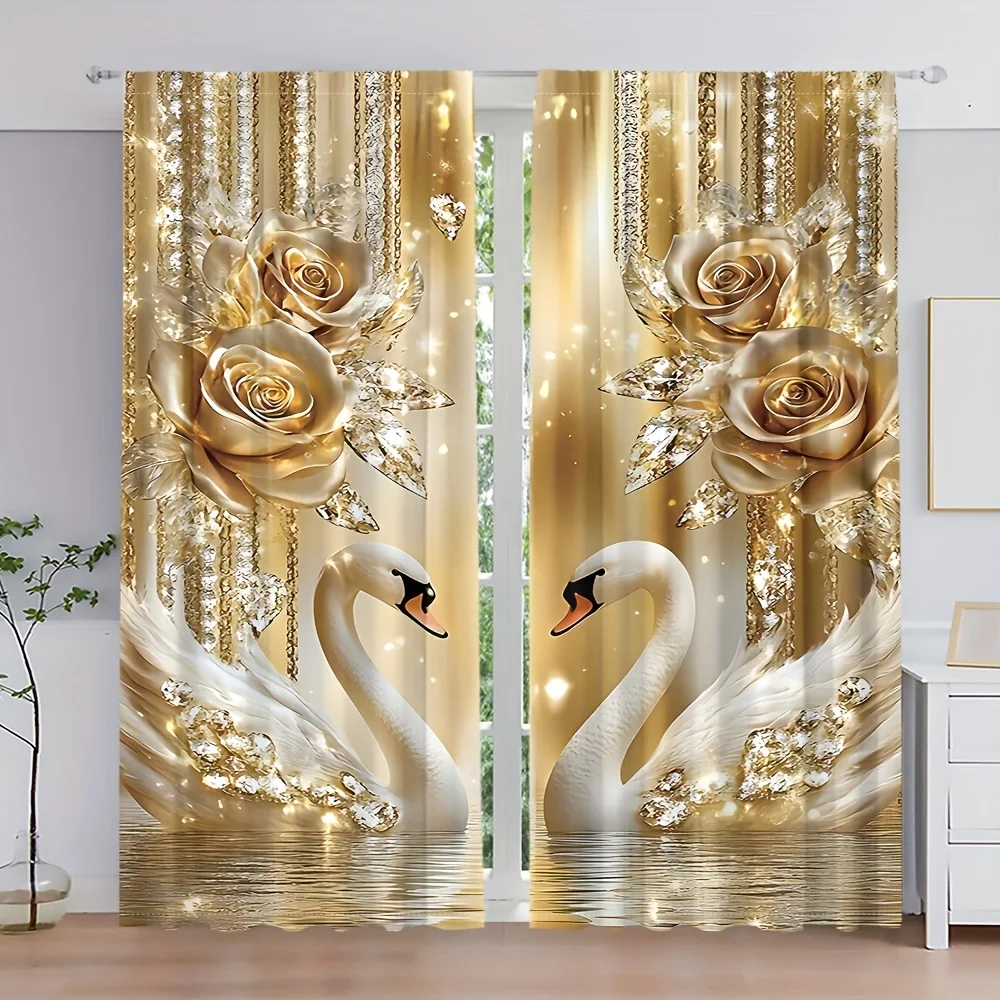 2pcs Elegant Floral & Gold Leaf Light-Filtering Polyester Curtains with Rod Pocket – for Living Room,Bedroom, Kitchen & Bathroom