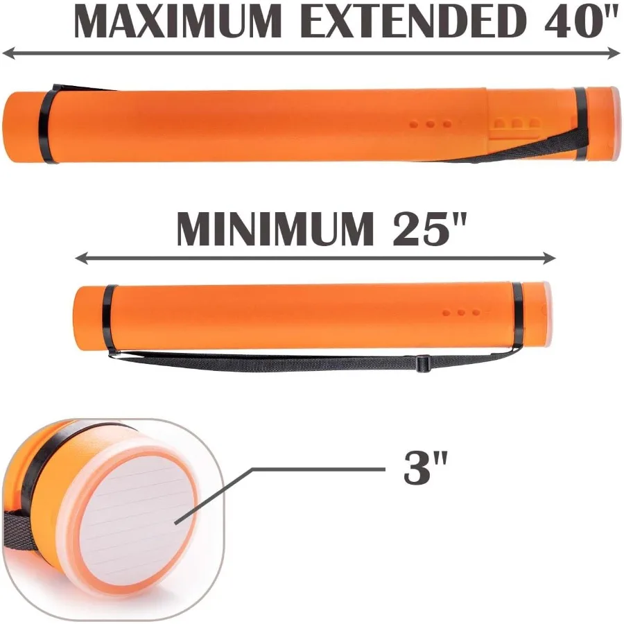 JJRING Tube d'affiche orange 25 à 40 Tube de support de stockage d'affiche extensible avec sangle de transport pour plans, rouleaux de cartes et Ar