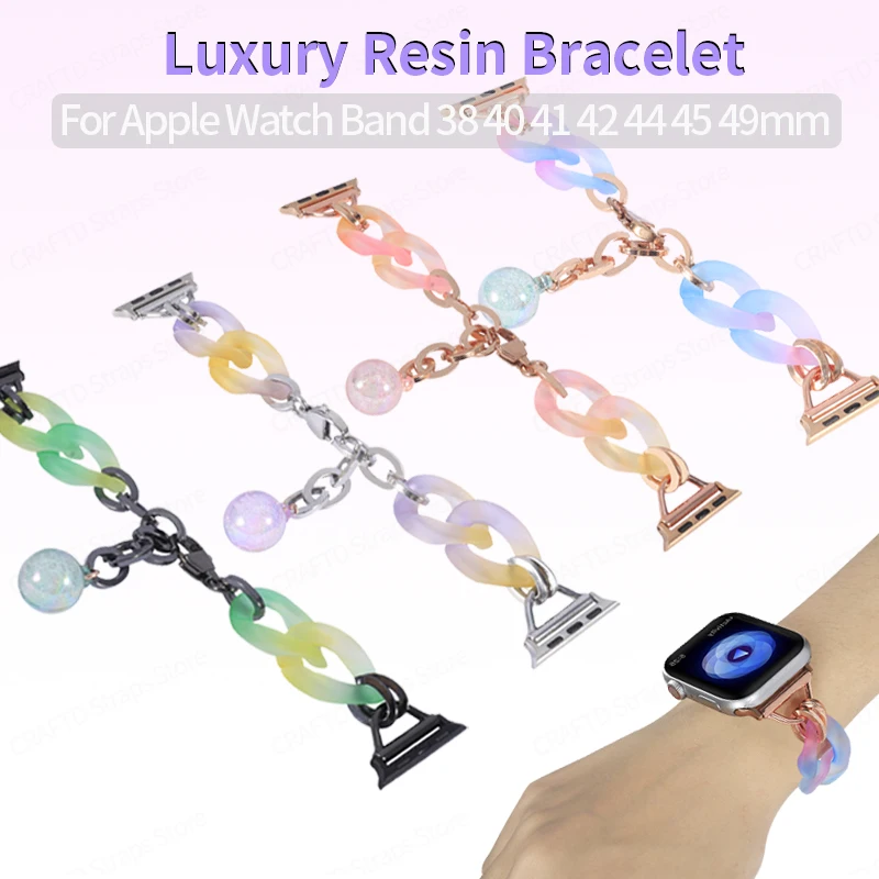 

Resin Metal Chain Strap for Apple Watch Band 40mm 44mm 45mm 38 42 49 Candy Color Bracelet for Iwatch Series 9 8 7 6 5 SE Correa