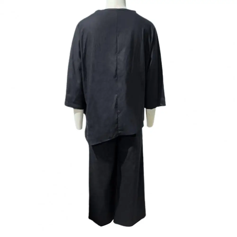 Solid Color Two-piece Set Stylish Women's V Neck Top Wide Leg Trousers Set with Adjustable Waist Casual Blouse for Fashionable