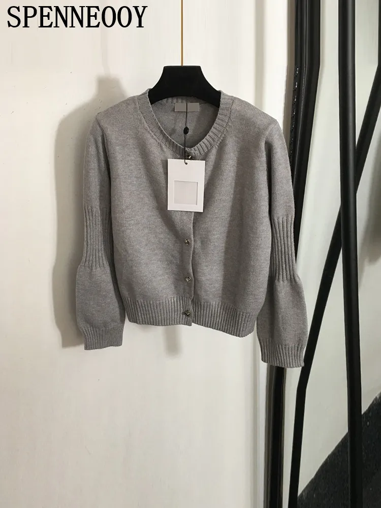 

SPENNEOOY Fashion Runway Autumn Grey Casual Cardigan Women's O-Neck Single Breasted Loose Lantern Long Sleeve Sweaters