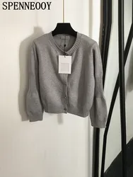 SPENNEOOY Fashion Runway Autumn Grey Casual Cardigan Women's O-Neck Single Breasted Loose Lantern Long Sleeve Sweaters