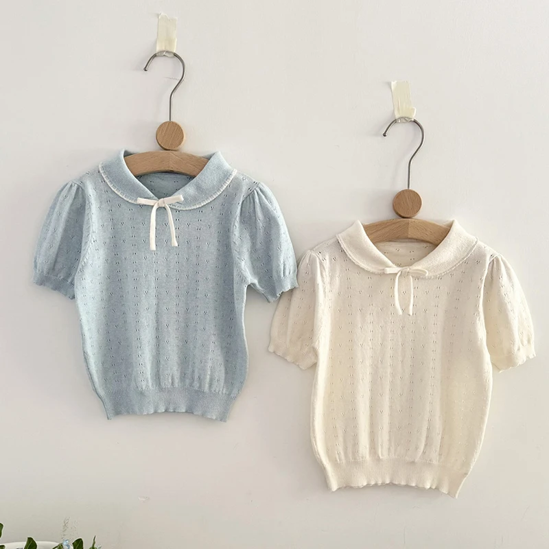 2025 New Summer 2-7Yrs Baby Girls Thin Knitted Solid Color Pullover Sweaters Knitted Hollow Out Pullover Tops Children Clothing