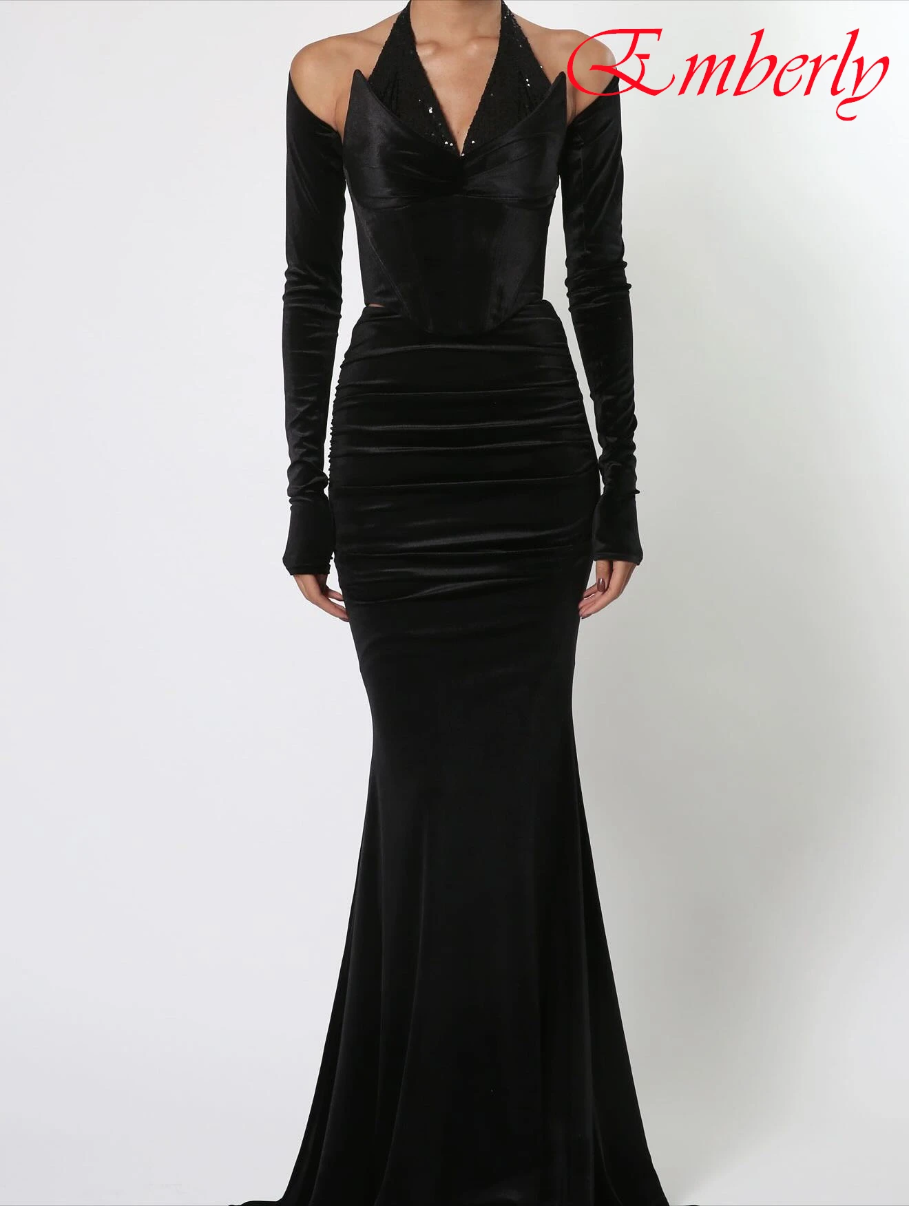 

Customized Mermaid Halter Long Sleeves Formal Classic Evening Dress Delicate High Quality Celebrity Gowns Modern Prom Dress