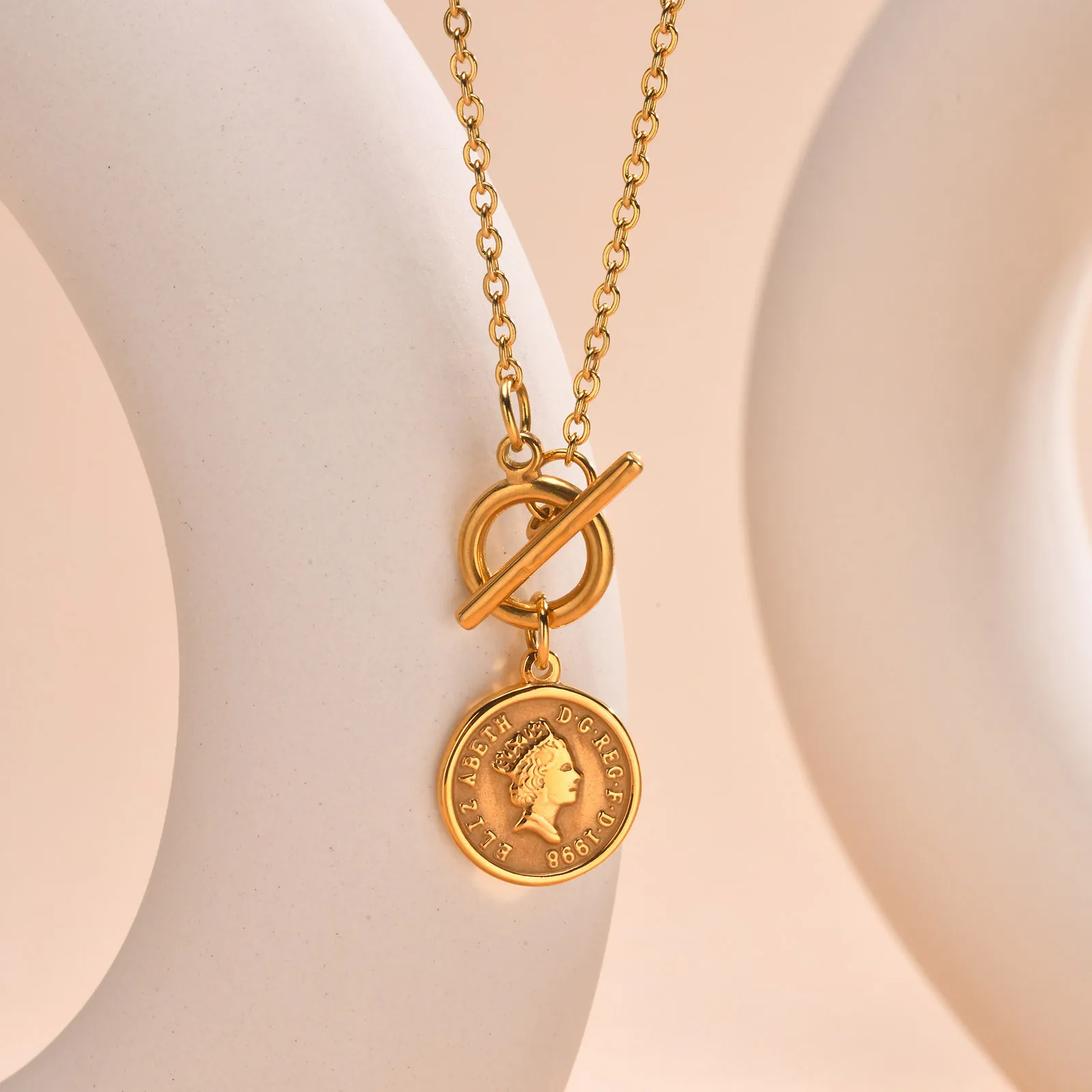 

Queen Elizabeth Medallion Coin Necklace,stainless Steel Pendant with Toggle Clasp,14k Gola Plated Hypoallergenic