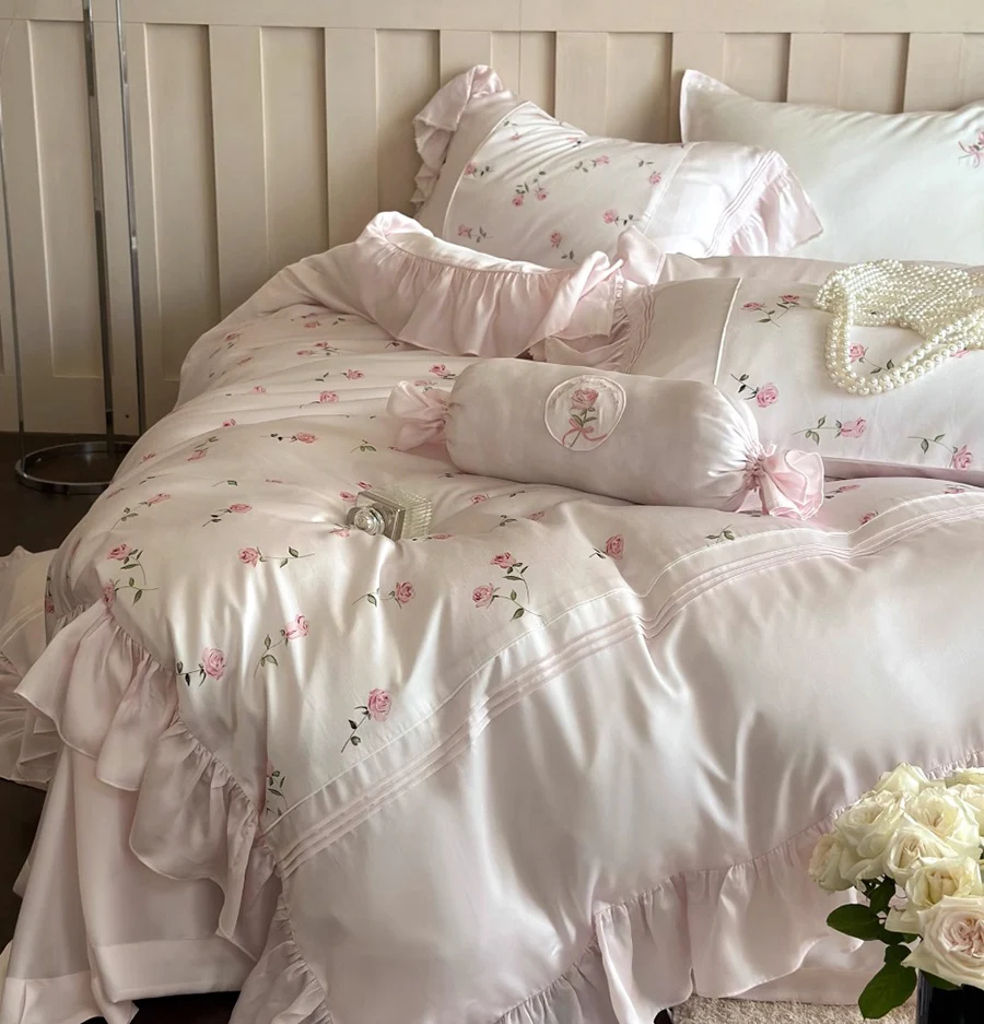 Romantic sweet french pink flower bedding set,full queen king fairyfair ruffled home textile bed sheet pillow case quilt cover