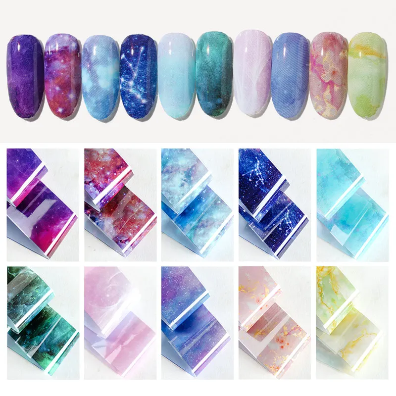 10 Kleuren Water Marmer Effect Nail Folie Papier Fantasy Regenboog Sterrenhemel Transfer Folie Nail Art Sticker Manicure Decoraties