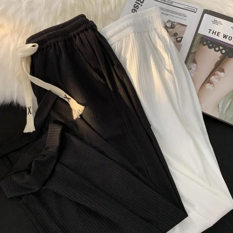 

White Ice Silk Wide Leg Pants Men Summer Thin Straight Loose Casual Sensation Drapey Floor-Length Pants Faionable Brand