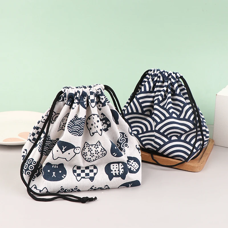 Japanese Style Drawstring Lunch Box, Storage Bag for Travel Picnic, Portable, Easy-Wash Bento Lunch Box, Tote Pouch, 1Pc