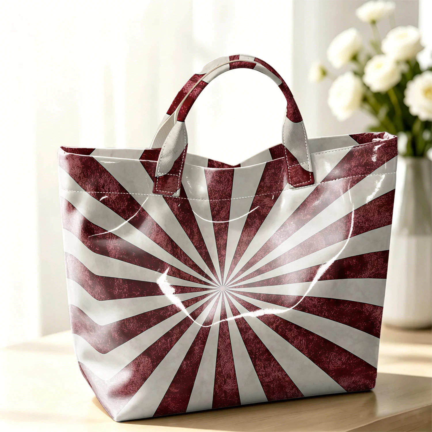Burgundy Vintage Sunburst Fashion Large Glossy PVC Bag Hand Washable Waterproof Perfect Travel Commute Cosmetic Storage Shopper