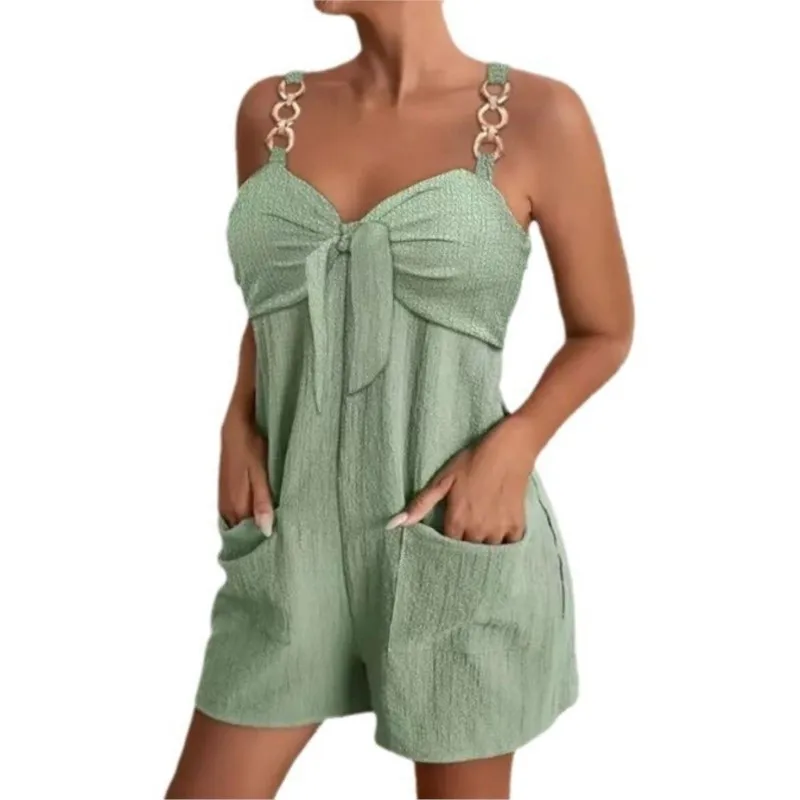 Sexy Jumpsuit Women Summer Fashion Chain Strap Pocket Knotted Metal Suspender Pocket Short Casua Romper Jumpsuit Women Clothing