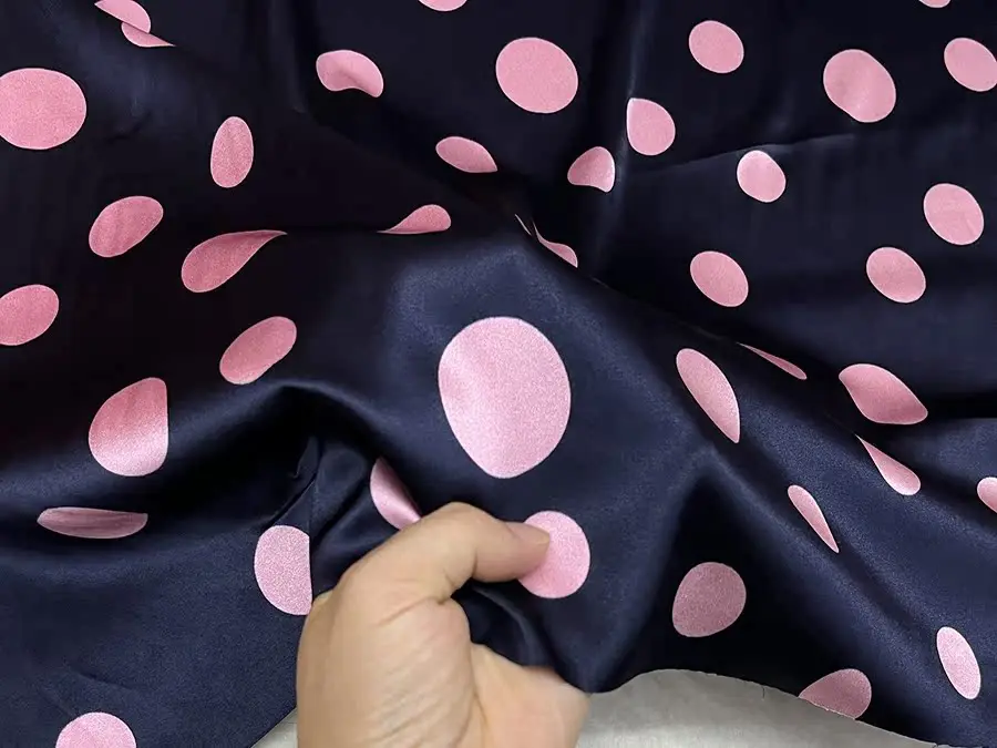 

19 Momme High Quality Real Silk Spandex Satin Clothing Cloth Dark Blue Sole Pink Irregular Dot Inkjet Designer Fabric