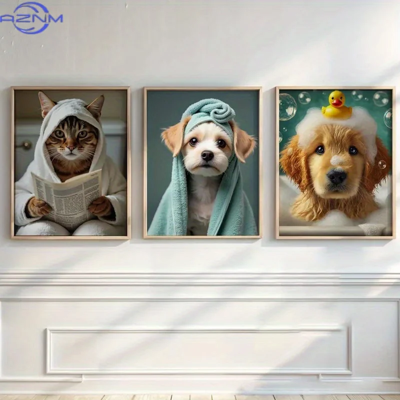 3pcs Canvas Print Set, Fun Cat and Dog Bathroom Art, Pet Poster, Dog Reading Newspaper on Toilet, Pet in Bathtub, Bathroom Livin
