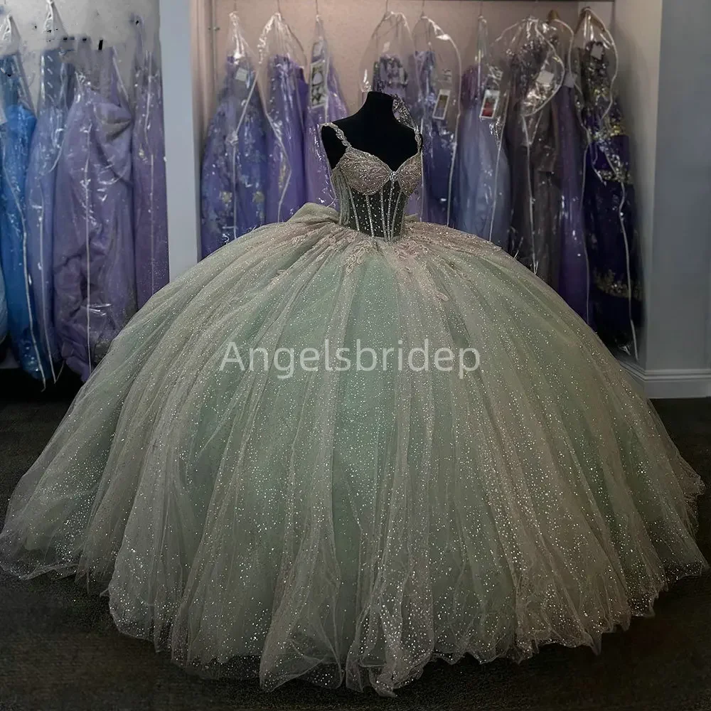 

Angelsbride зеленое бальное платье, платья для Quinceanera, платья 15 Quinceañera с бисером и бантом, блестящее Тюлевое платье принцессы, искусственное платье