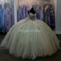 Angelsbridep Customized Sage Green Ball Gown Quinceanera Dresses Vestidos De 15 Quinceañera Beading Glitter Tulle Party Dress