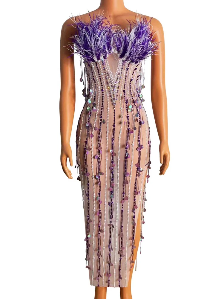 

Sexy See Through Transparent Mesh Women Dress Luxury Purple Feathers Pearls Tassel Dresses Evening Prom Party Sing Stage Wear