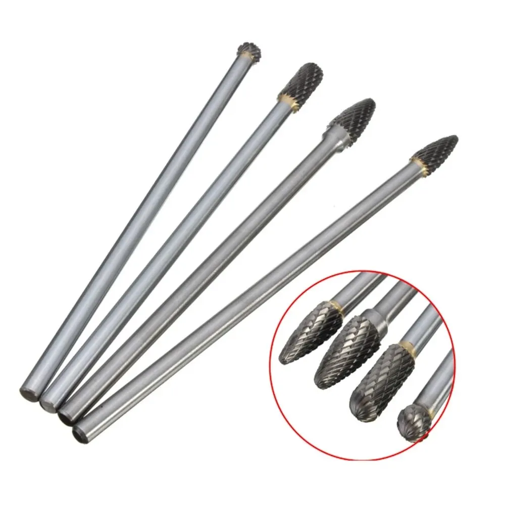 4PCS Hard Alloy Rotary File Extended Handle Tungsten Steel Grinding Head Metallic Jade Woodworking Electric Milling Cutter