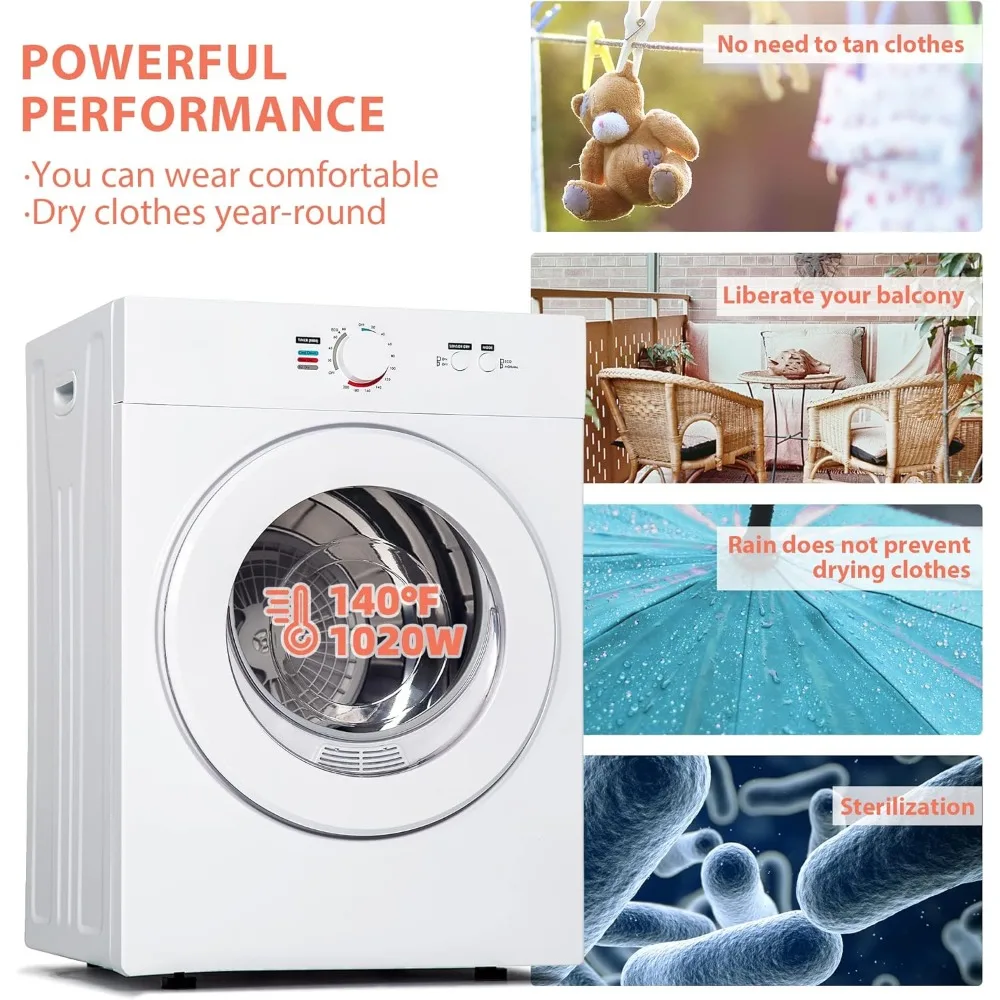 Clothes Dryer, 1.8 Cu. Ft. With Exhaust Duct and Stainless Steel Liner Four Function Small Dryer Machine, Compact Cloth Dryer