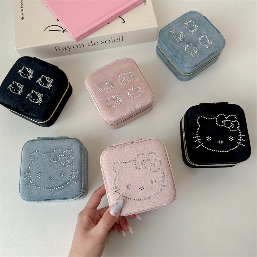 Women's Velvet Premium Hello Kitty Storage Box Jewelry Desktop Jewelry Box Hot Diamond Jewelry Zipper Partition Storage Box