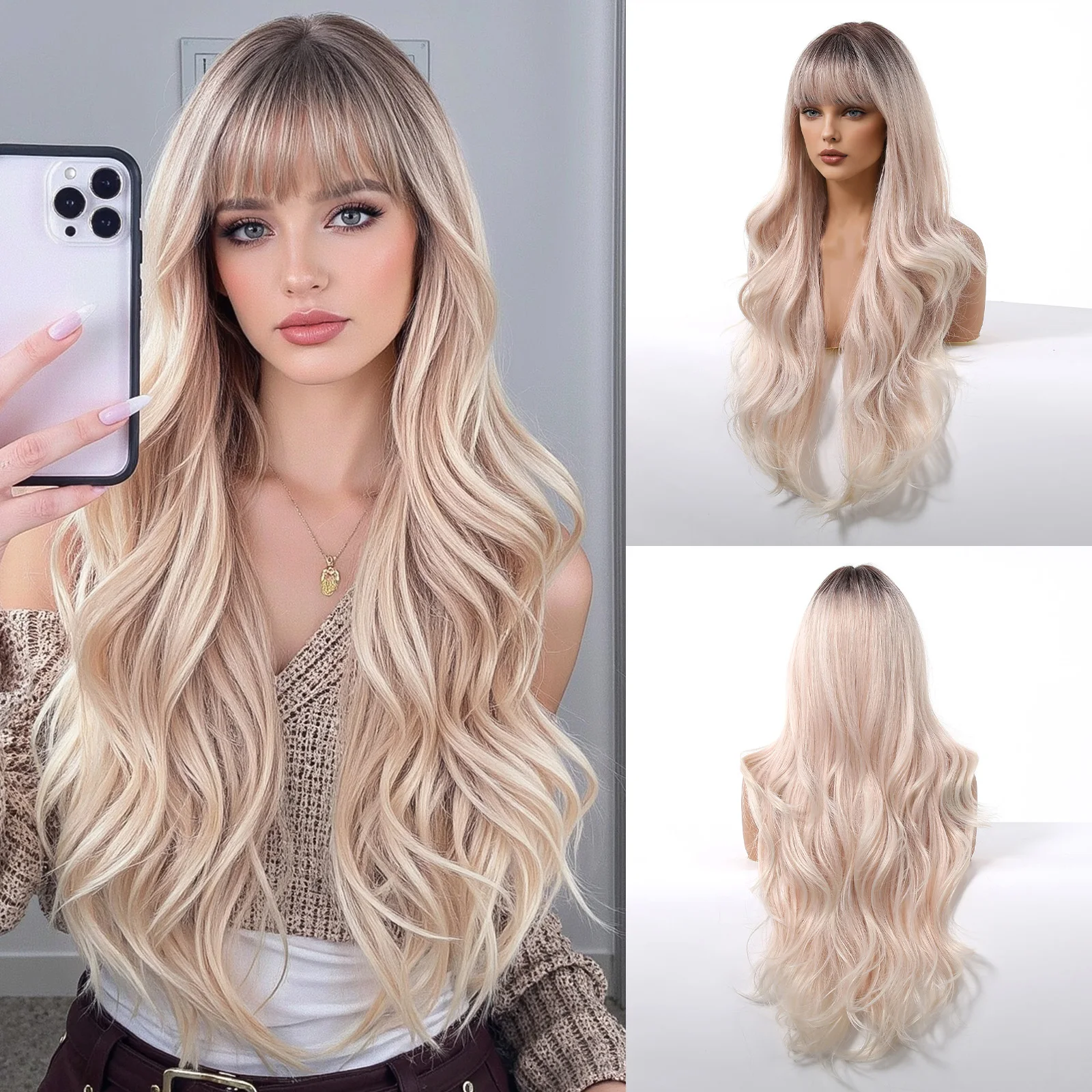 Ombre Blonde Synthetic Wigs  Loose Body Wave Hair Wig with Bangs for Women Cosplay Party Daily Use Heat Resistant  Curl Wigs