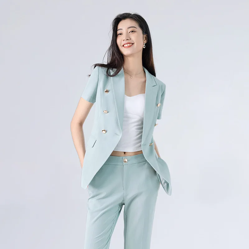 

High Quality Fabric Formal Business Suits with Pants and Jackets Coat Female Pantsuits Summer Short Sleeve Professional Blazers