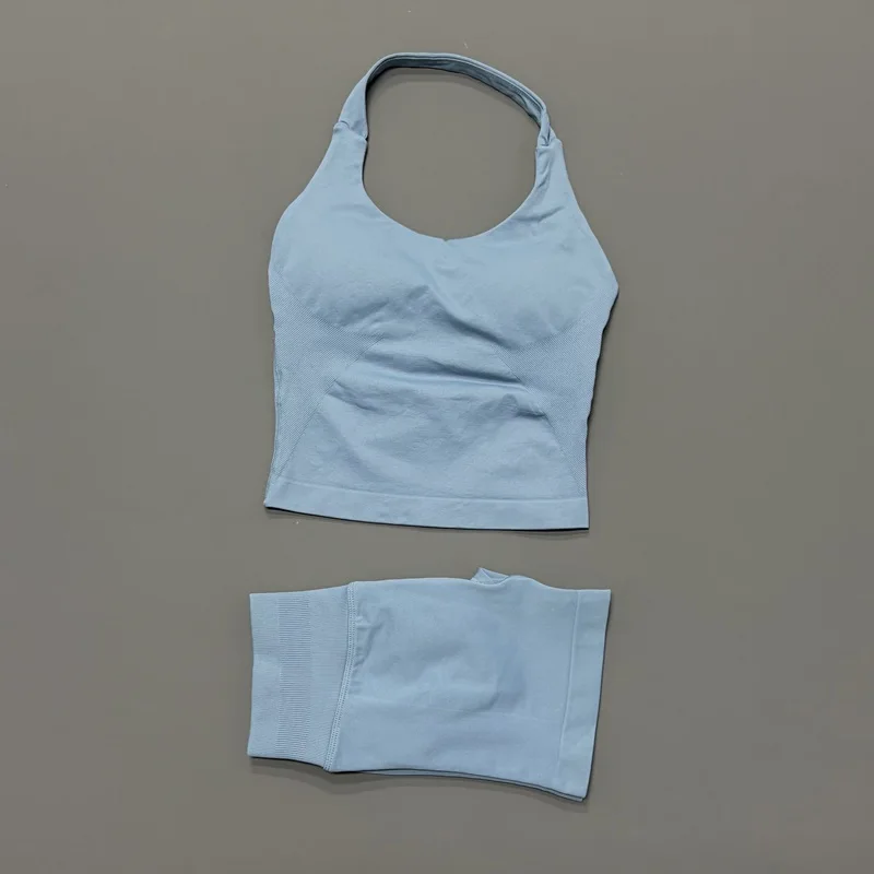 2-delige yogaset voor dames, haltertop zonder rug, high waist naadloze shorts, gympak, fitness sportkleding, workout set