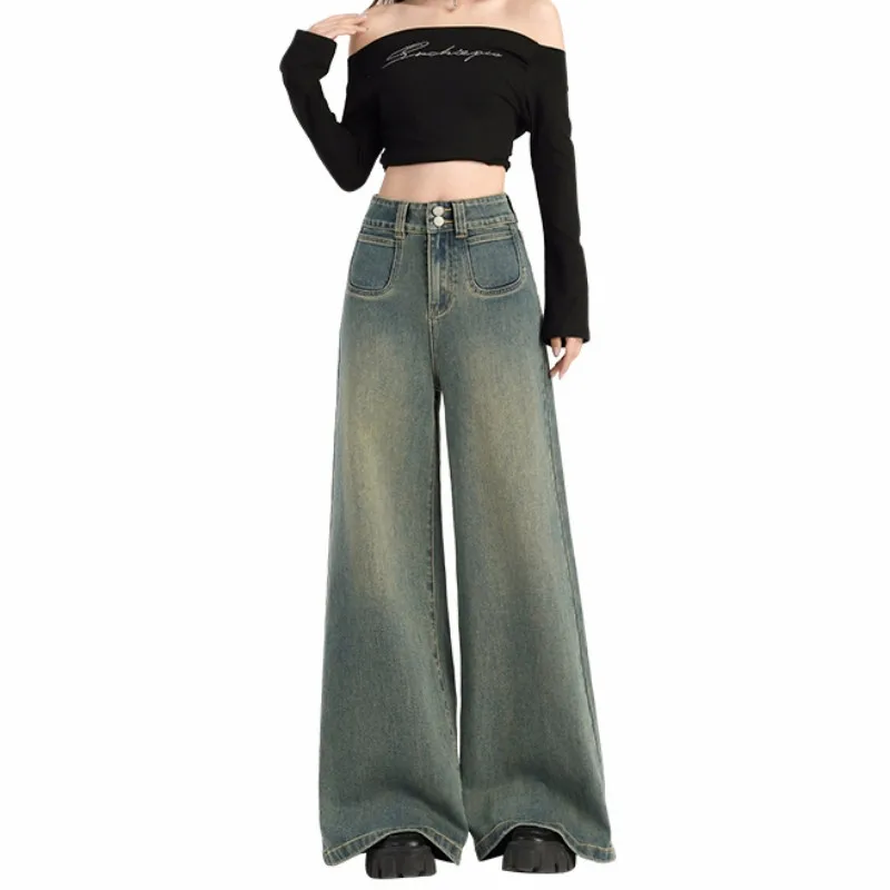 FINEWORDS High Waist Vintage Flared Jeans Women Korean Baggy Bell Bottom Jeans Casual Streetwear Loose Denim Pants